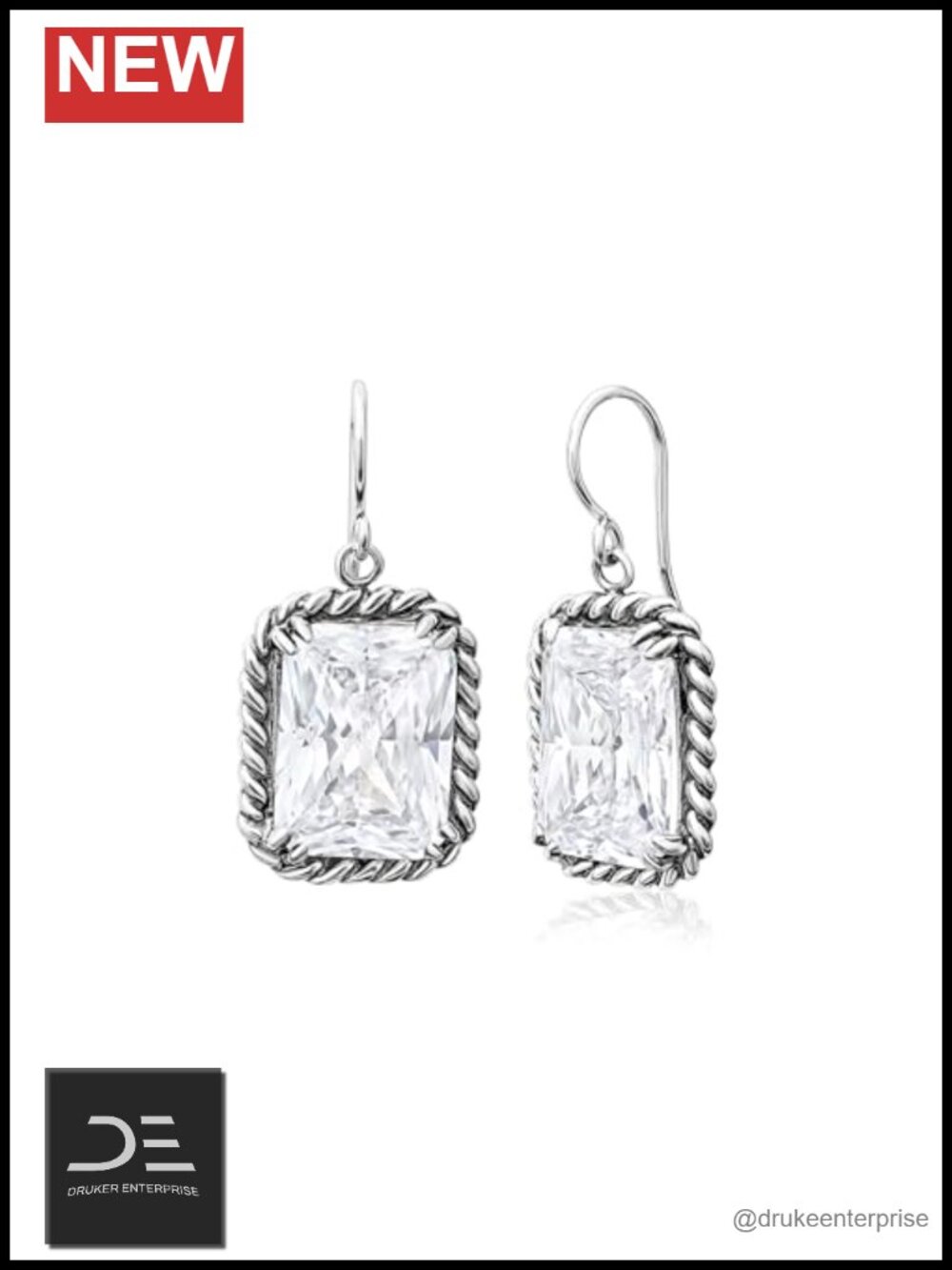 925 Sterling Silver Dangle Earrings Rope Octagon Cubic Zirconia Vintage